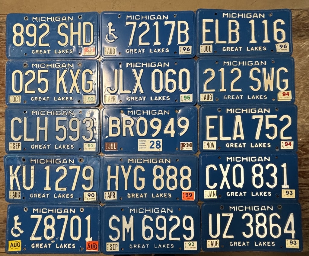 Lot of 15 1990s Michigan Assorted License Plates: See all photos as a better idea of condition.
