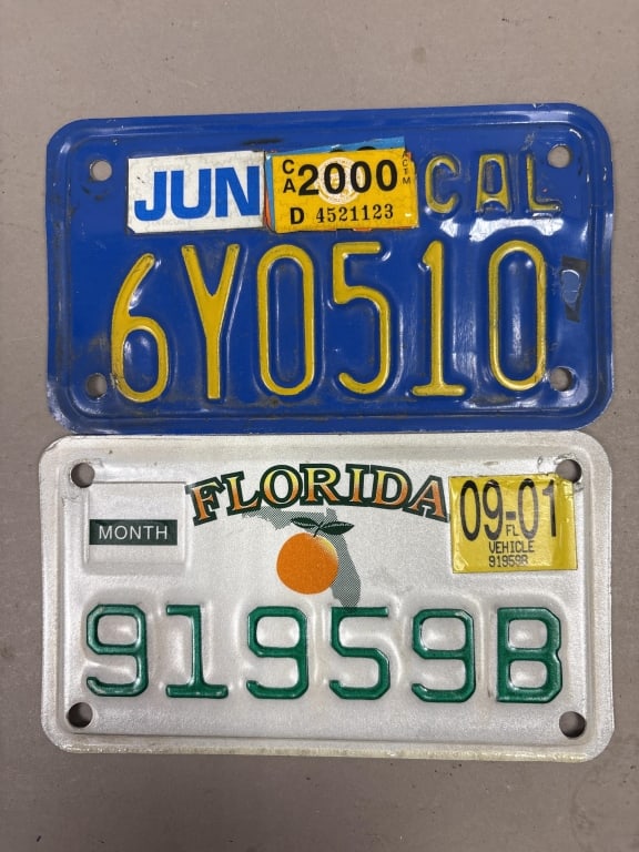 Pair Florida & California Motorcycle Plates: See all photos as a better idea of condition.