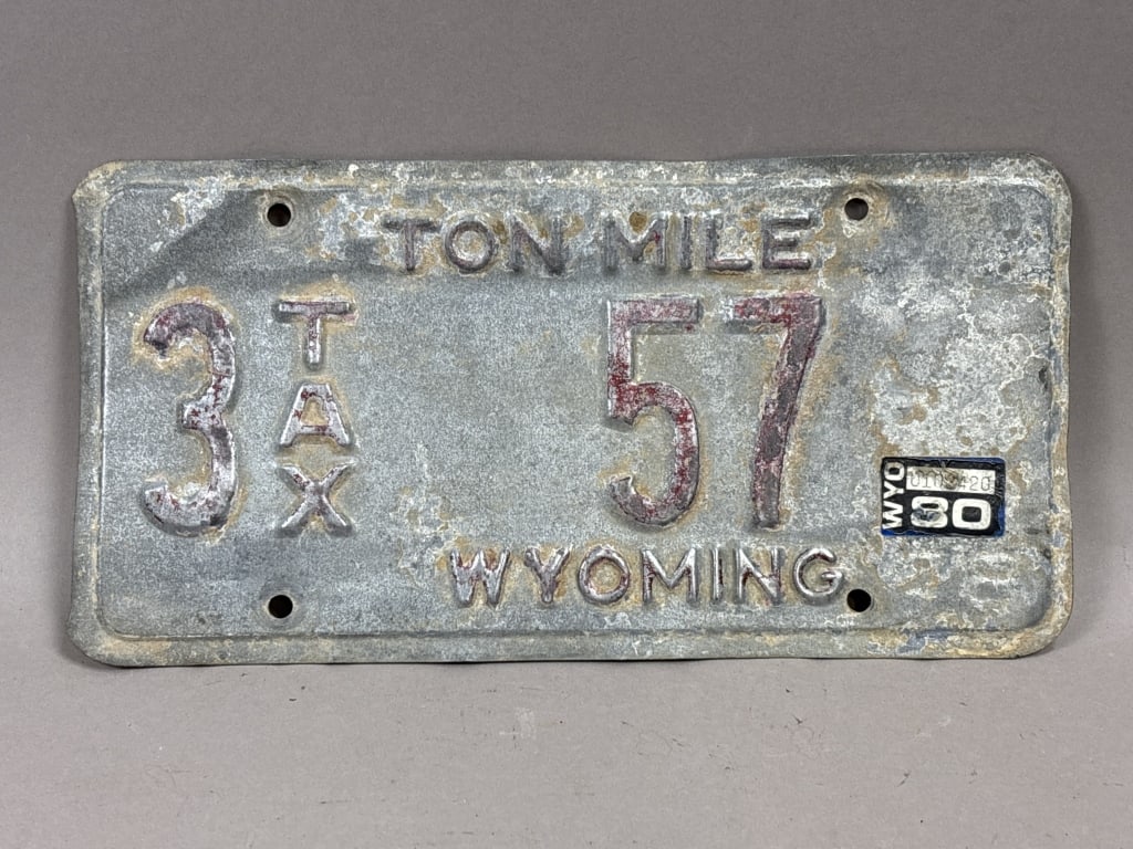 Wyoming Ton Mile 3 Tax 57 1980 License Plate: See all photos as a better idea of condition.