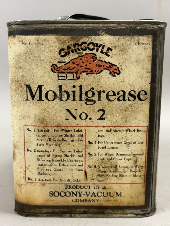 1920s Mobilgrease No 2 5LB Grease Can w/ Gargoygle: Please make sure you view all photos and ask any questions you may have! Great original collectible item. This is day 1 of our 2 day one owner auction event. Thanks and have a great day! Holler & Hamm