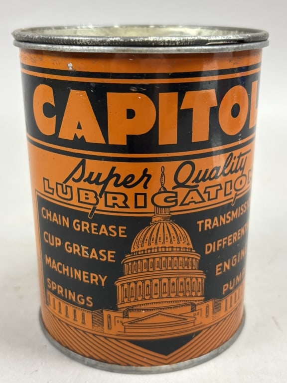 Capitol Super Lubrication 1LB Metal Grease Can EX+: Please make sure you view all photos and ask any questions you may have! Great original collectible item. This is day 1 of our 2 day one owner auction event. Thanks and have a great day! Holler & Hamm