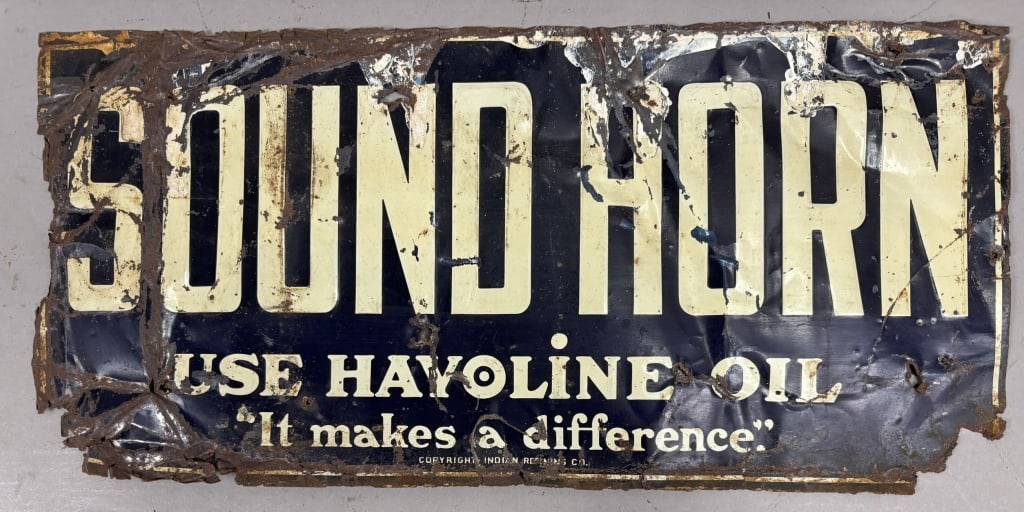 SOUND HORN 1920s Havoline Oil Embossed Gas Sign: Great original well worn USE HAVOLINE OIL sign. 19" x 9"
