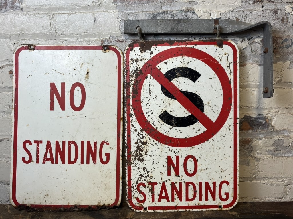 Pair NO STANDING DST Painte Metal Signs w Flange: Great pair. Measurements in photos.