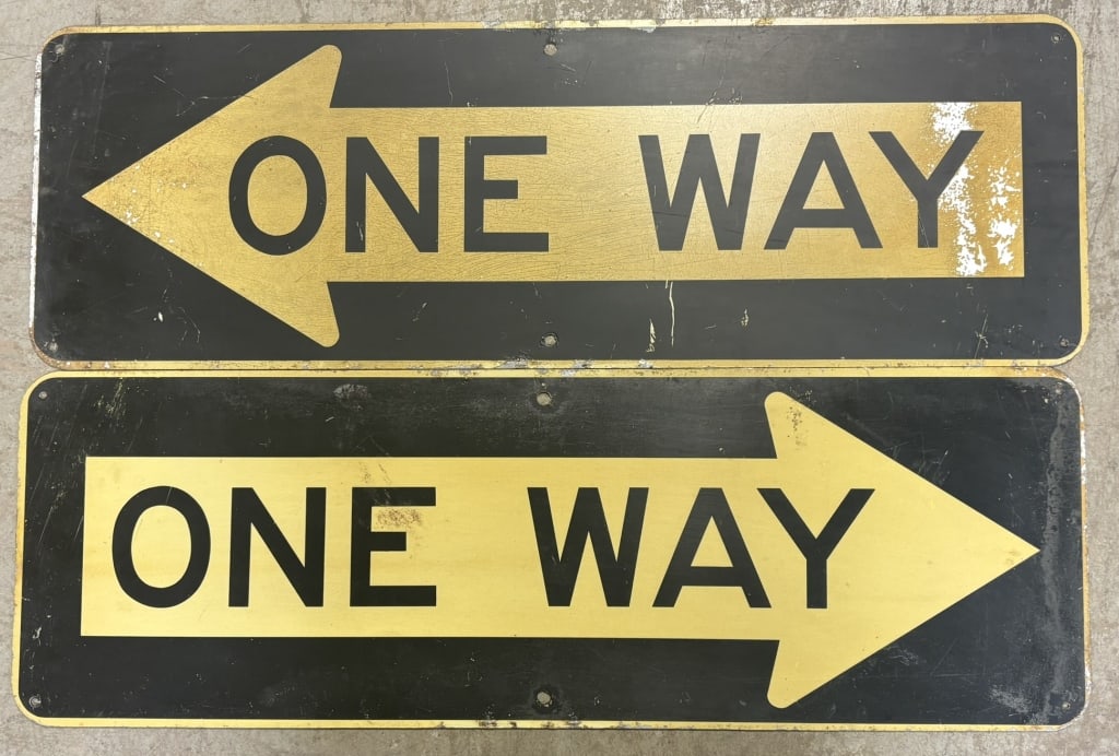 Pair ONE WAY SST Painted Metal Arrow Street Sign: Great original sign. Measurements in photos.