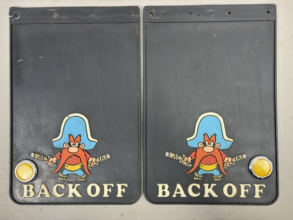 Pair YOSEMITE SAM Back Off Truck Tire Mudflaps: 18" x 12" - see all photos
