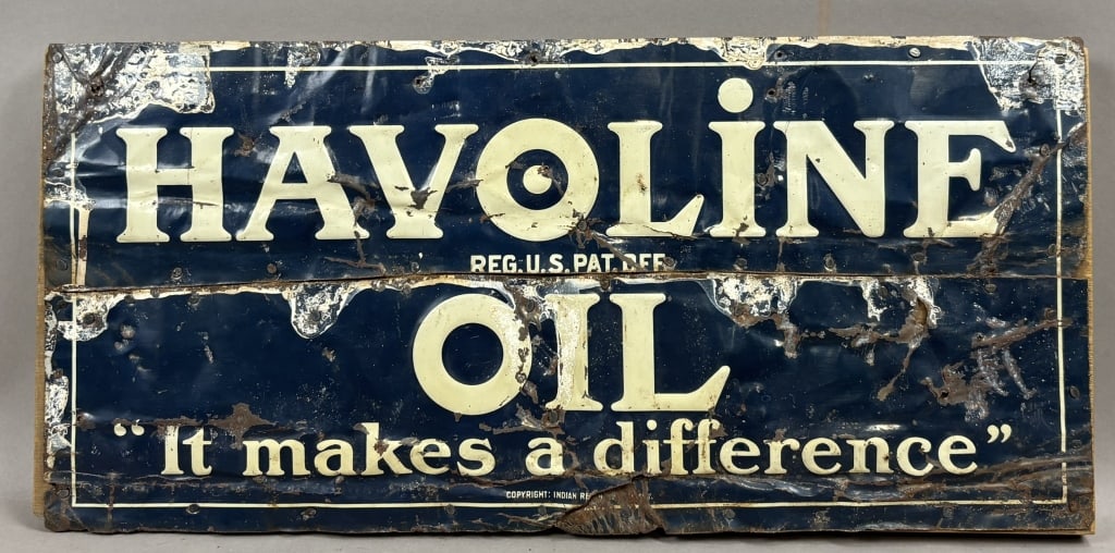 Havoline Oil Makes A Difference SST Embossed Sign: Great original cut sign thats been mounted to wood. 20" x 9.5" overall roughly
