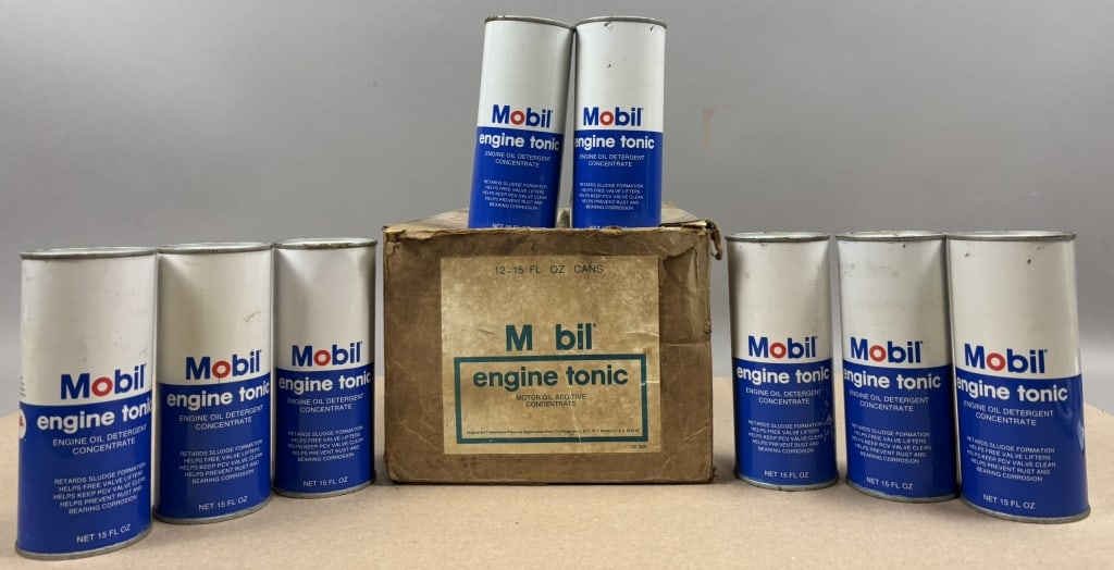 Lot 8 Mobil Engine Tonic Full 15 Oz Metal Cans Box (1 of 13)