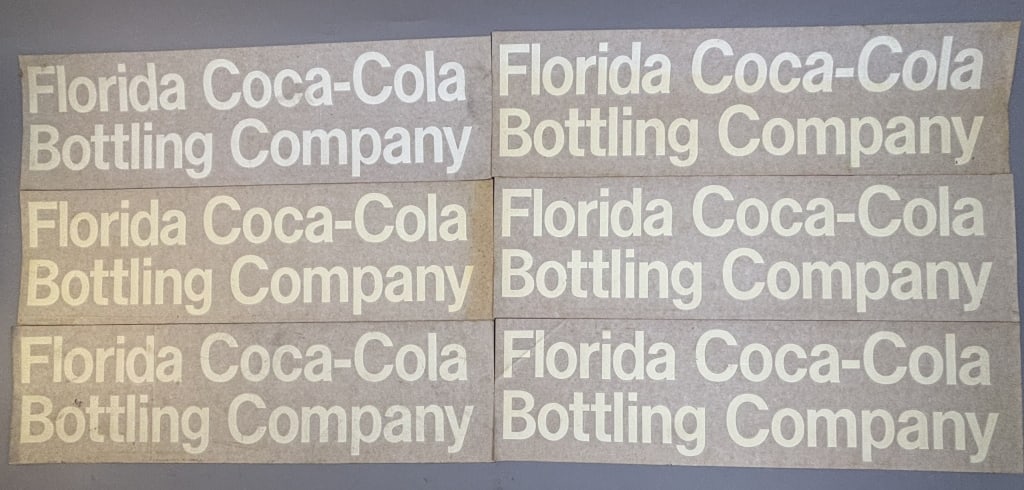 Lot 6 Original FLORIDA Coca Cola Bottling Stickers: 24.5" x 7"