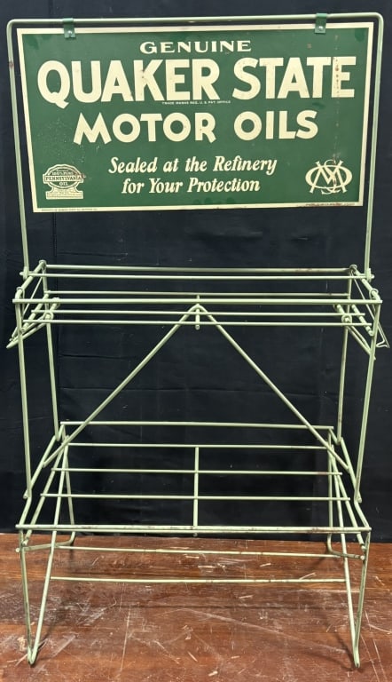 NOS 1932 Quaker State Motor Oils Rack w/ Orig Box: 39" tall overall x 14.5" deep - 3 of these were found up in a northern michigan plant.