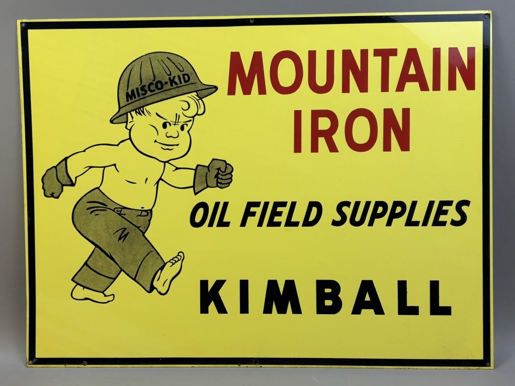 NOS Mountain Iron Oil Field Supplies SST Tin Sign: 24" x 18" - crate of these were found containing a dozen. Misco Kid.