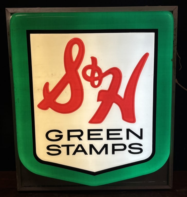 S&H Green Stamps 2 Sided Lighted Plastic 60s Sign: 32" x 37.5" x 7.75" deep - one cracked lens.