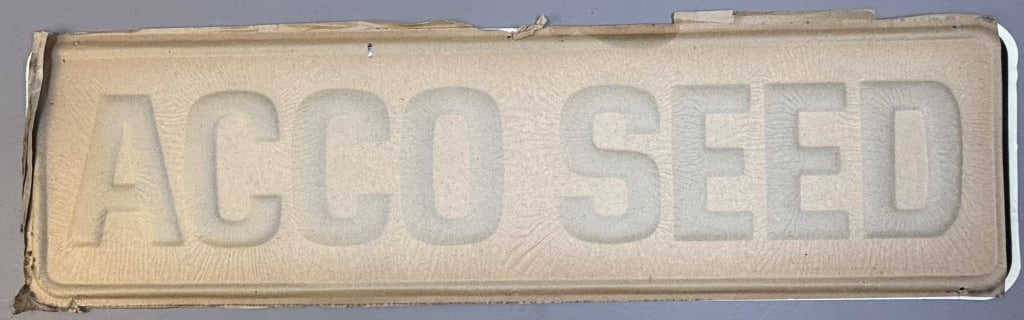 ACCO Seed NOS w/ Rice Paper Farm Embossed SST Sign: Great original New Old Stock Sign. Measures 35.5" x 10"