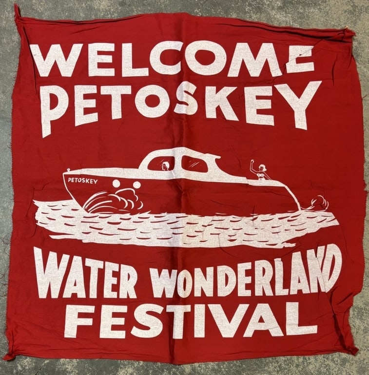 Welcome Petoskey Water Wonderland Festival Banner: Great original canvas buyer from the 1950s. Measures 34" x 3"