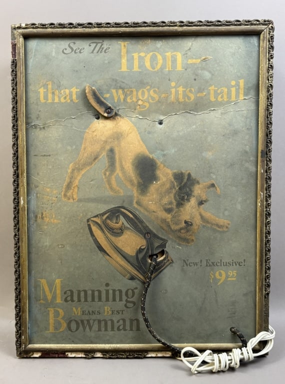 Manning Bowman Means Best Iron Tail Wags Sign: This is one of the neatest advertising signs you'll ever see! Super fun. The dogs tail is supposed to wag. Newer cord added as shown, but doesn't seem to turn on.