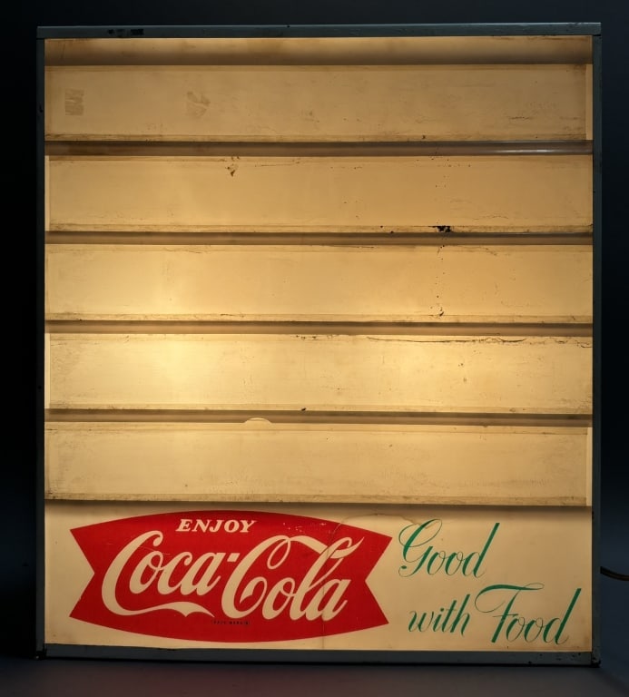 Coca Cola Fishtail Good w/ Food Lighted Bar Sign: Great original plastic and metal sign. 18" tall x 16" x 5" thick