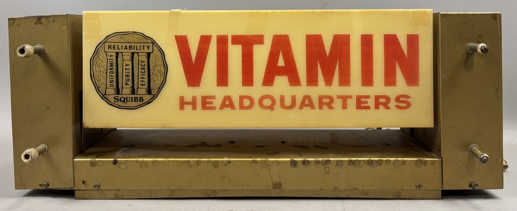 40s Vitamin Prescriptions Drug Store Lighted Sign: Great original Vitamin Headquarters rotating sign. 25" x 6" x 9"