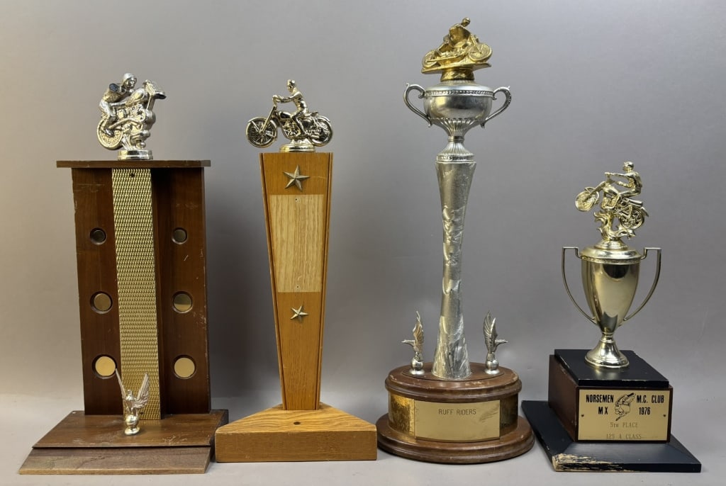 (4) 60s 70s Motorcycle Ruff Riders Metal Trophies: Great asorrted 60s-70s era trophies. One on left missing hand.