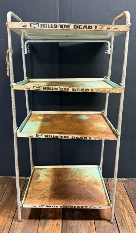 Raid KILLS EM DEAD 60s 4 Tier Metal Store Display: Measurements in photos