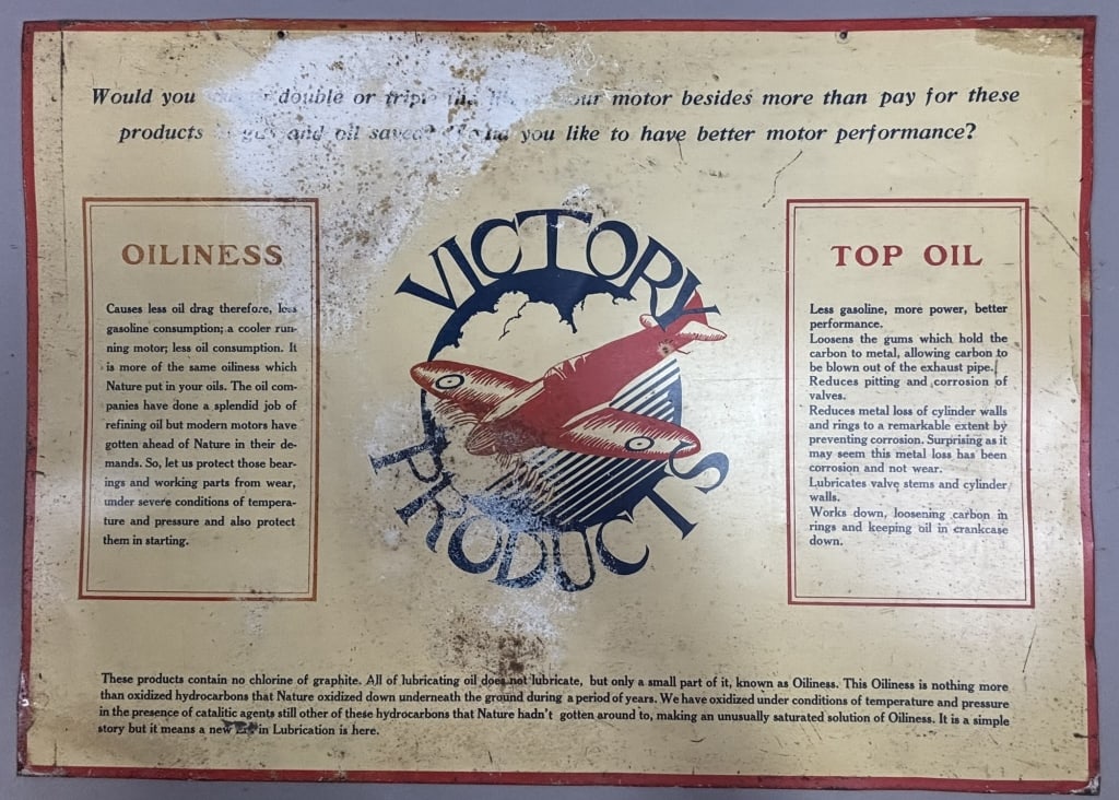 40s Victory Products SST Airplane Oil Can Sign EX+: Talk about a scarce amd rare original sign. Measures 27.5" x 19.5"