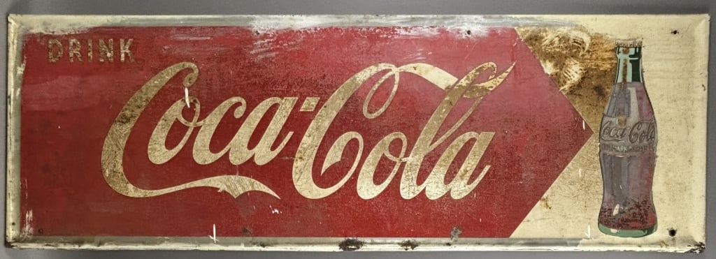 Coca Cola 1950s 54x18 SST Tin Painted Arrow Sign: Great original 50s era coke sign. Obvious building paint added to perimeter.