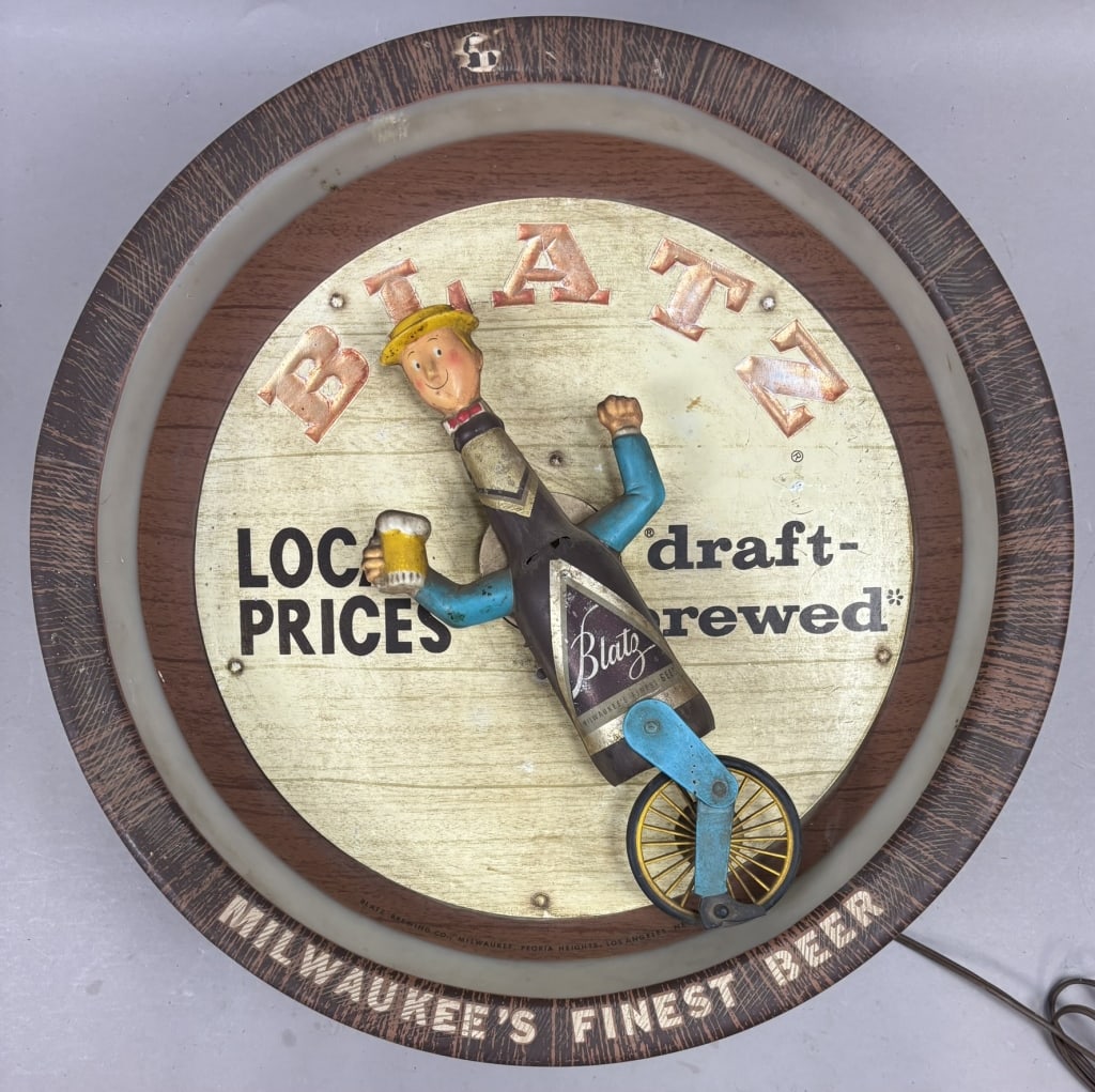 Blatz Embossed Milwaukee Finest Beer Bicycle Sign: Dated 1962 - Timely products co des moines, iowa. 17.5" diameter - WORKS