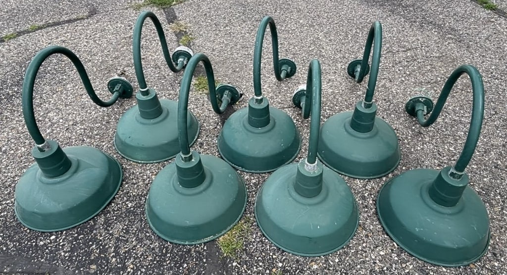 7 Matching Hi-Lite Mfg Gas Station Service Lights: Great original service station lamps. All matching with various condition issues as shown. Shades are 14" diameter x 30" off the wall depth