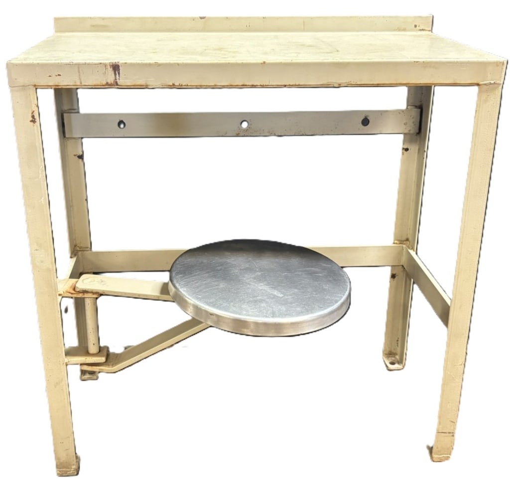 Vintage Swivel Chair Prison Desk Table Ca. 1960s: These were meant to attach to the floor of your jailhouse cell. Measures 30" wide x 15" deep x 30" tall x 11.5" stool diamter