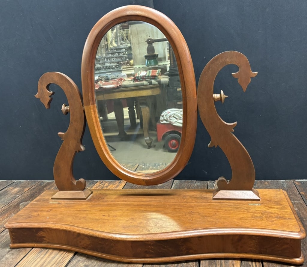 Antique Early Gothic Revival Vanity Swivel Mirror: 35" wide x 12" deep x 28" tall