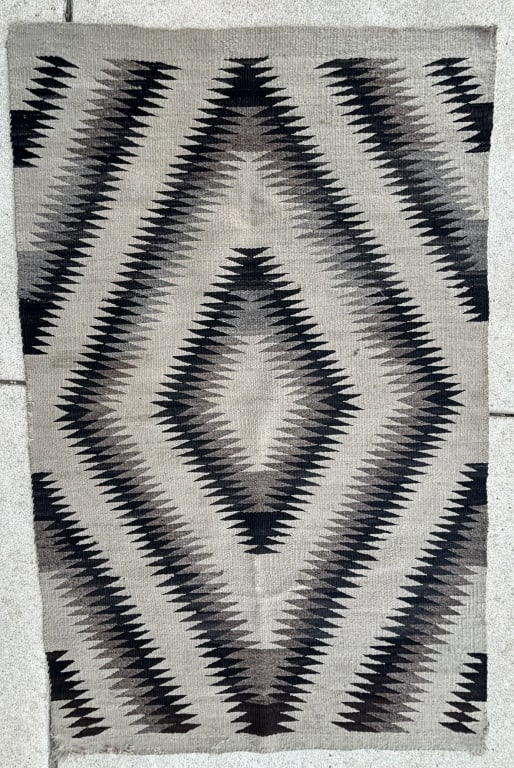 Antique Black Grey White Navajo Indian Blanket Rug: 65" x 40.5"
