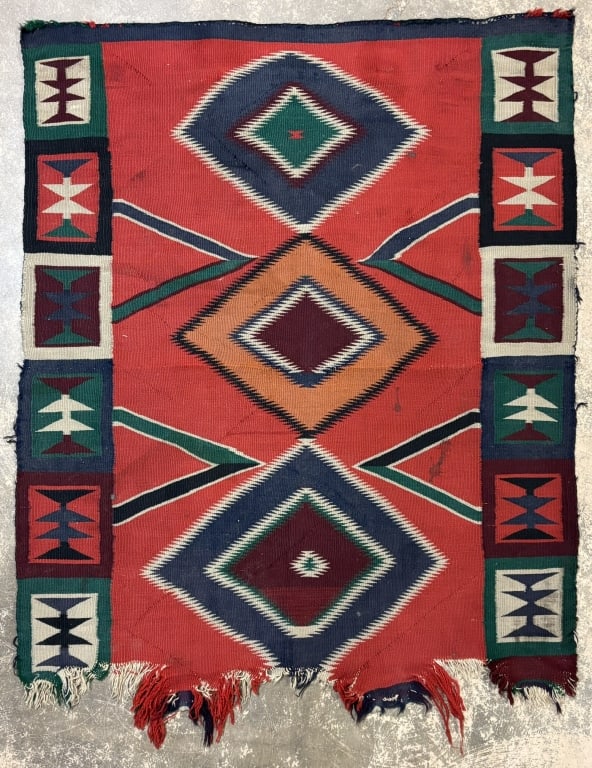 Antique Original 32"x40" Navajo Indian Blanket: Tattered and torn, but brilliant in colors. SEE ALL PHOTOS!