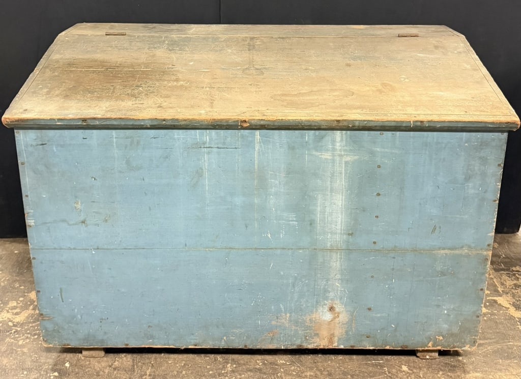 Antique Robins Egg Blue Paint Primitive Grain Bin: Great original robins egg blue painted bin. Measures 51.5" wide x 26" deep x 30" tall at front x 35" tall at rear - wood is roughly .75"