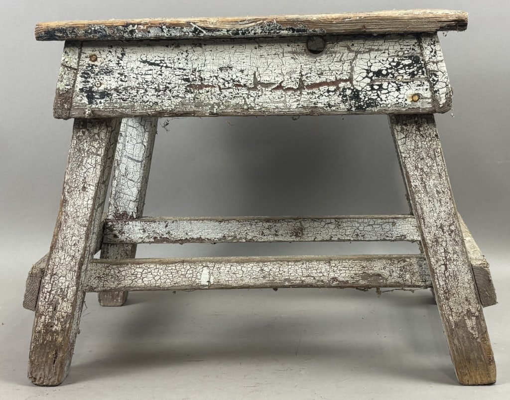 Antique Primitive Painted White Milking Stool: 21" x 12" x 18" x 12"