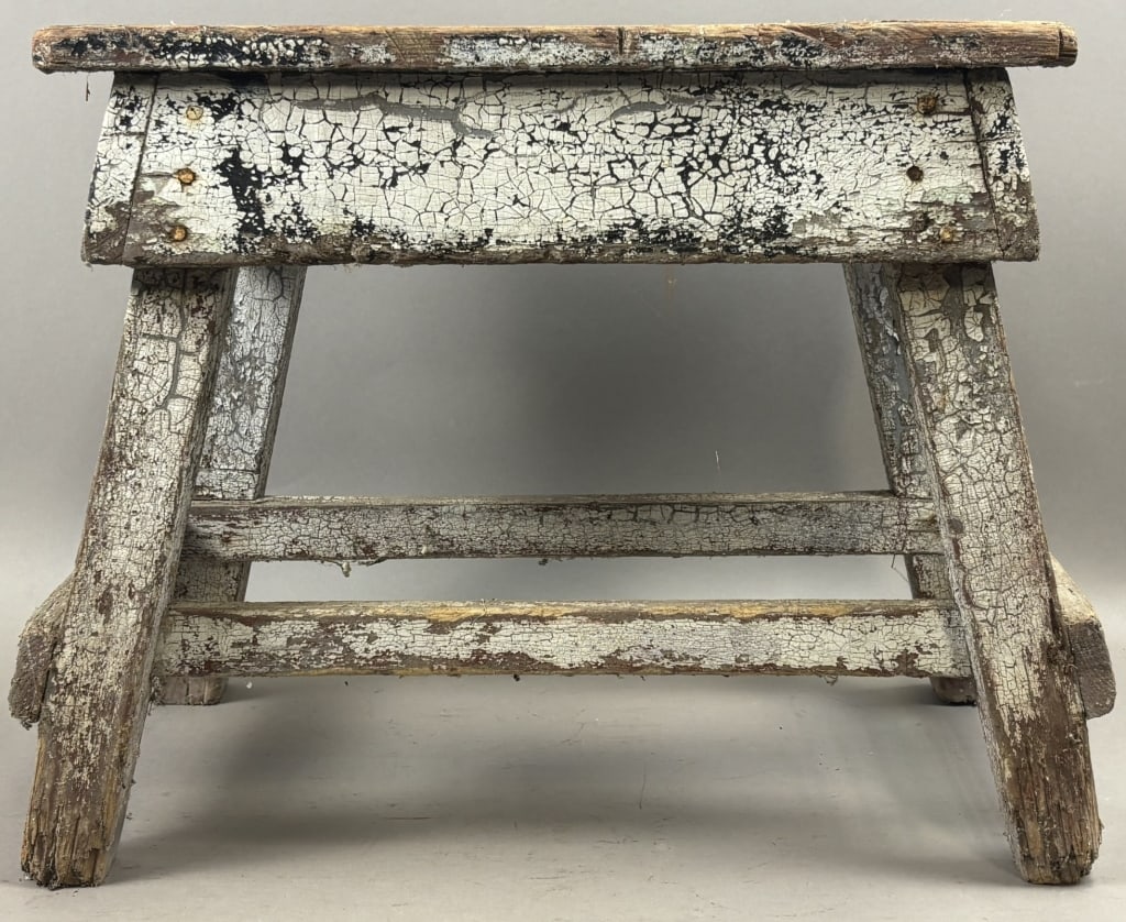 Antique Primitive Painted White Milking Stool - 3