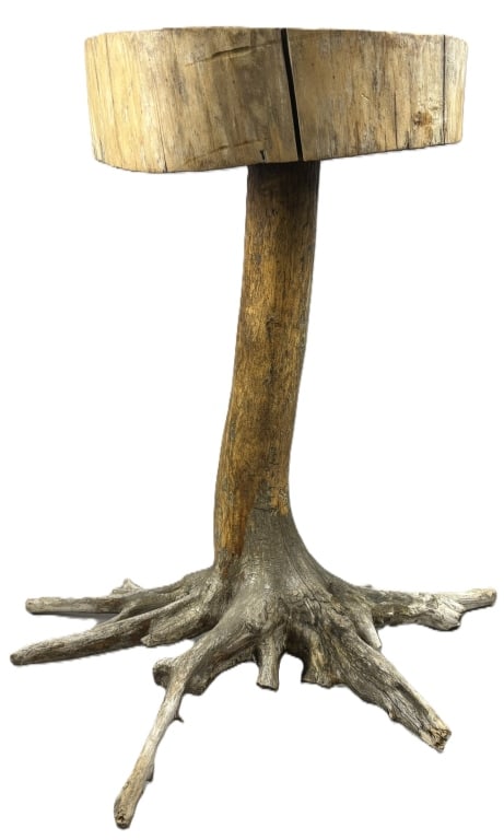Antique Primitive Folk Art Wooden Root Table: Measures roughly 31" tall x 29" wide base x 16" wide top