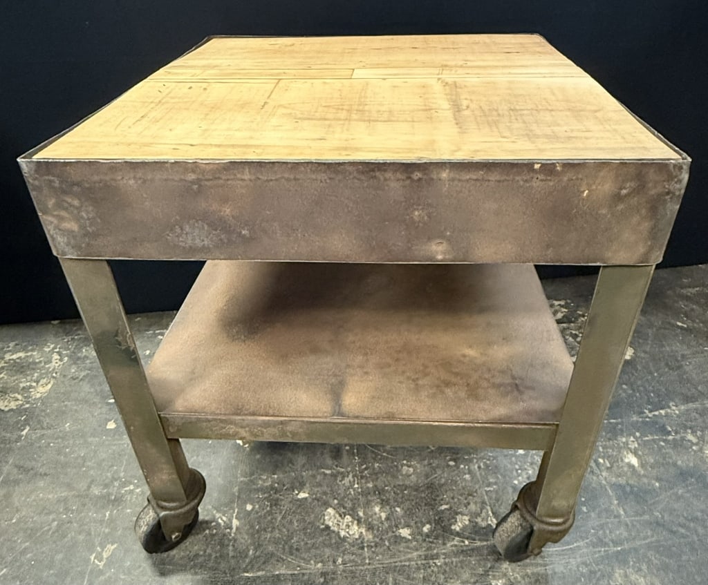 Antique Military Green Painted Metal Rolling Cart: Great original metal cabinet with castors. 25.5" x 25.5' top x 28" tall