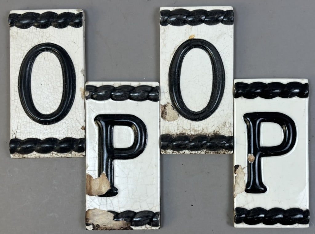 Antique Black White 6"x3" Bathroom Letters POOP: Great original surface. Neat ribbon pattern.