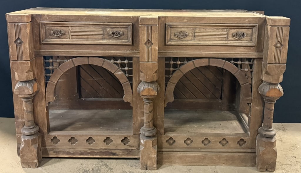 Victorian Era Built In Dining Room Buffet Cabinet: SEE ALL PHOTOS - Measures 60" wide x 20? deep x 35? - hand carved gothic revival look. Farm fresh.