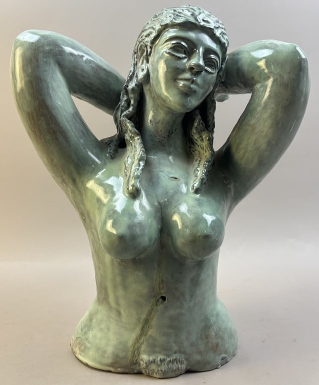 MCM 16" Majolica Ceramic NUDE Figurine Woman: Beautiful original NUDE woman piece of pottery. Measures 16" tall x 9" wide. Wear as to be expected. Damaged finger as shown.