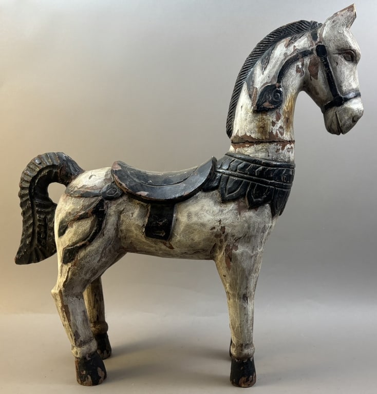 Antique Folk Art Hand Carved Wooden Horse Figurine: Great original hand carved wooden horse figurine. Appears to be late 19th century, early 20 century. Measures 26" overall length x 27" tall x 6" wide.