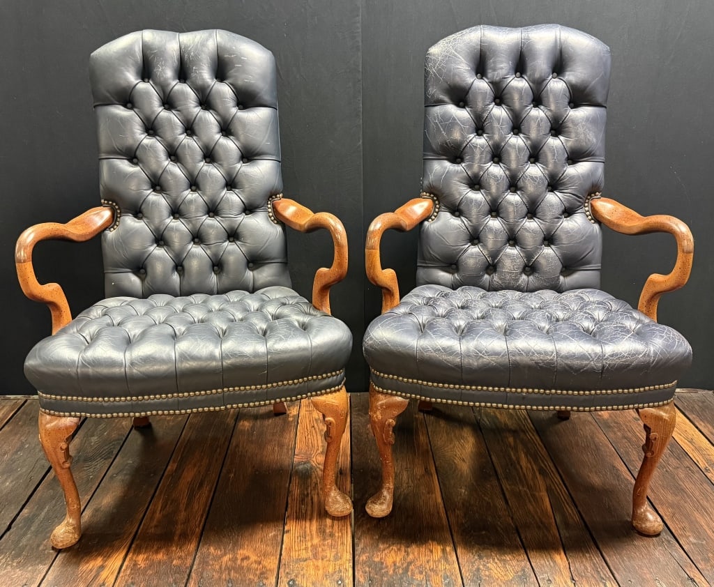 Pair Navy Genuine Leather Tufted Goose Neck Chair: Great original pair of gooseneck navy blue high boy chairs!