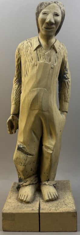 Whimsical 24" Folk Art Hand Carved Farmer Statue: 24" tall x 8" wide - great original blue paint remnants and red painted handkerchief in back pocket.