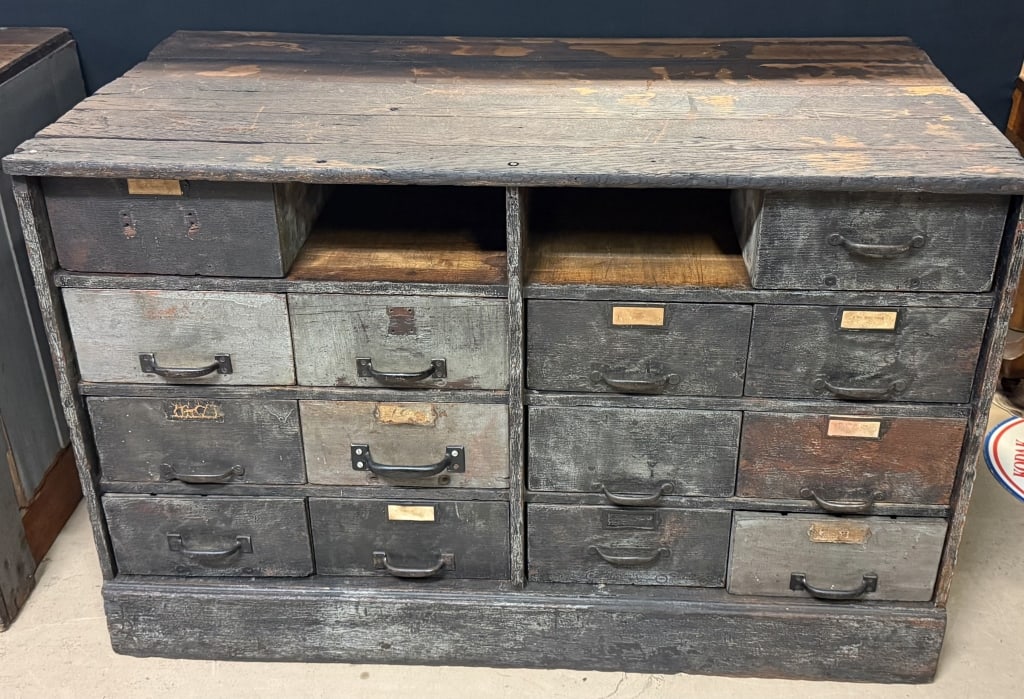 Antique 16 Drawer Galvanized Heller Hdw Cabinet: Missing 2 drawers - 50.25" wide x 25.75? x 33? tall - has been cleaned.