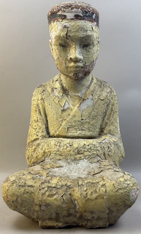 Antique Oriental Monk Garden Art Conrete Statue: Great original 19" tall x 11" wide monk statue with incredible drippy paint.