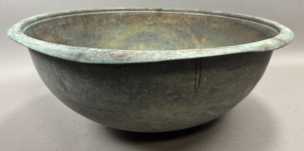 Antique 22" Solid Copper 19th Century Bowl: Great original patina'd bowl.