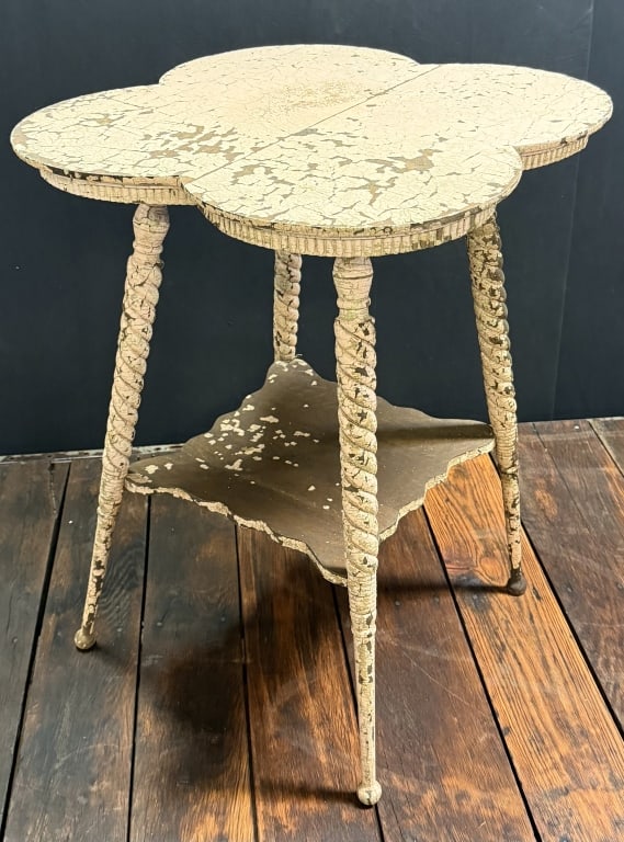 Antique 4 Leaf Clover Pink Painted Side Table: 23"x23? top x 30? tall overall