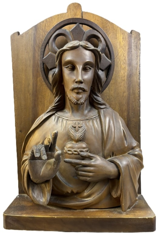 Antique Jesus Christ Carved Sacred Heart 2' Statue: 26" tall roughly x 15" - broken finger as shown - beautiful early 1900s catholic church side altar piece.