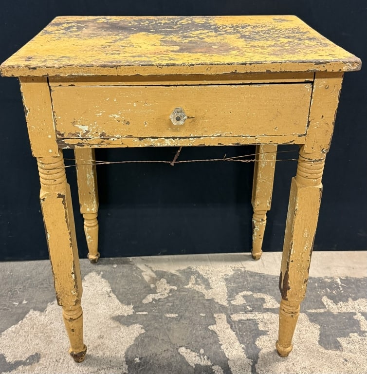 Antique 1880s Mustard Milk Painted 1 Drawer Stand: Great original surface. 19" x 24" x 28.5" tall. Twisted metal tightener.