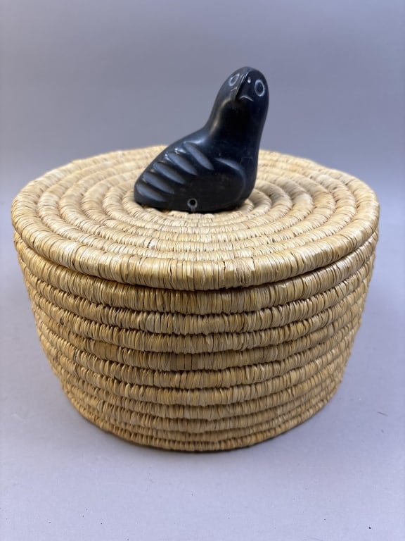 Inuit Basket with Soapstone Bird Carving: Please make sure you view all photos and ask any questions you may have! Great original collectible item. This is day 1 of our 2 day one owner auction event. Thanks and have a great day! Holler & Hamm