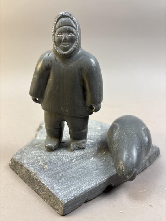 Inuit Soapstone Seal Hunter with Seal Carving: Please make sure you view all photos and ask any questions you may have! Great original collectible item. This is day 1 of our 2 day one owner auction event. Thanks and have a great day! Holler &