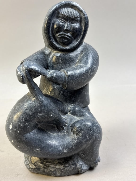 Inuit Soapstone Indigenous Seal Hunter Carving: Please make sure you view all photos and ask any questions you may have! Great original collectible item. This is day 1 of our 2 day one owner auction event. Thanks and have a great day! Holler &